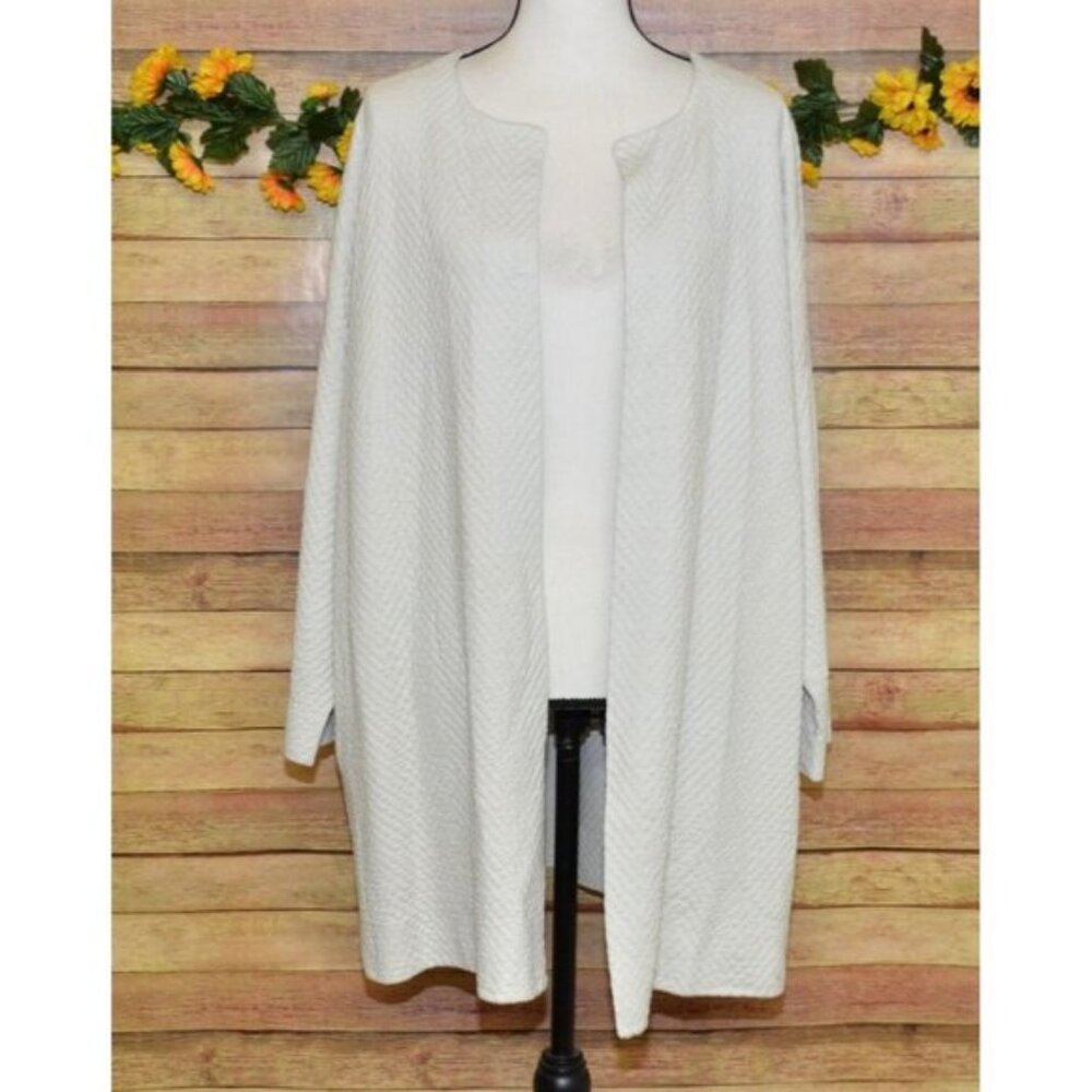 Eileen Fisher Womans 2X Bone Silk/Organic Cotton Open Front Long Jacquard Jacket